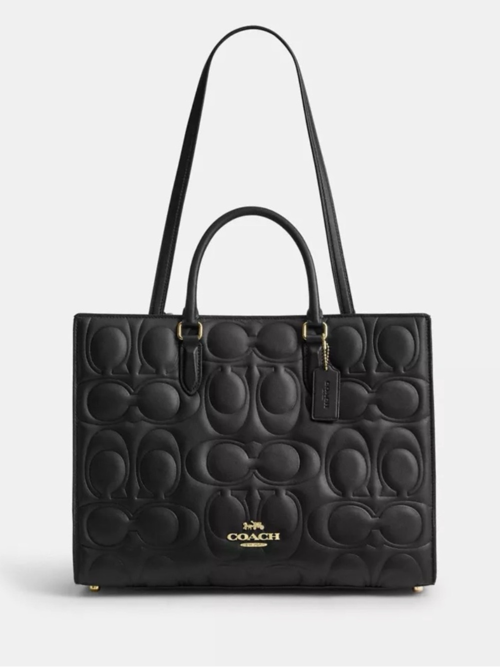 COACH Black Quilted Signature Leather Tote with Gold Hardware